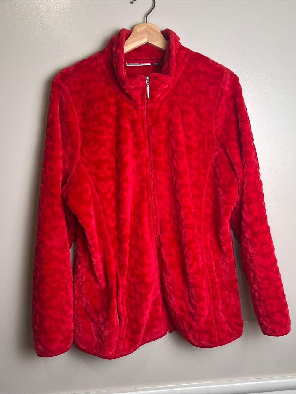 Jason Maxwell XL Soft Jacket Red Animal Print Full Zip Pockets Long Sleeve, EUC